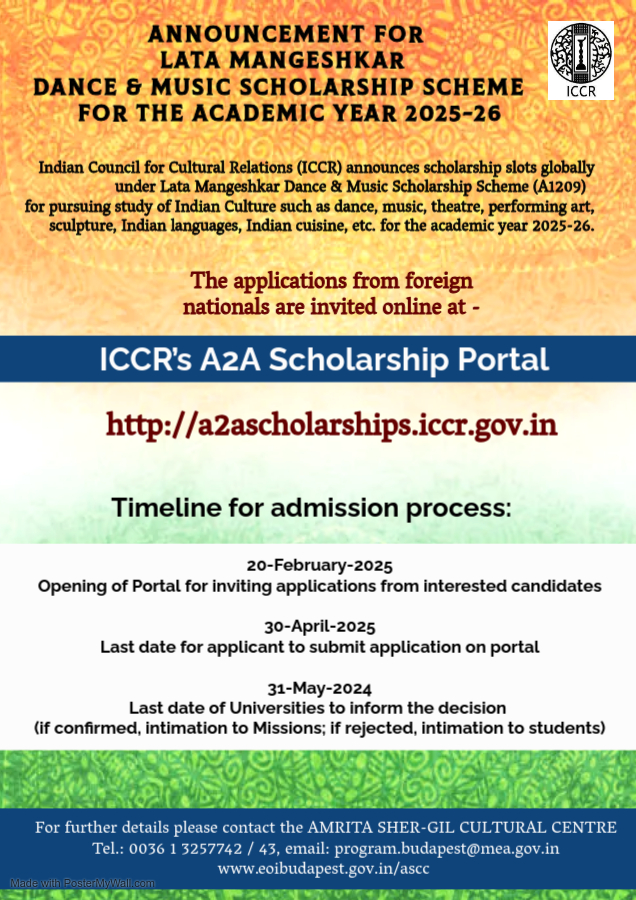 Announcement for Lata Mangeshkar Dance & Music Scholarship Scheme (A1209) (formerly ICCR Scholarship Scheme for Indian Culture)  / 2025-26